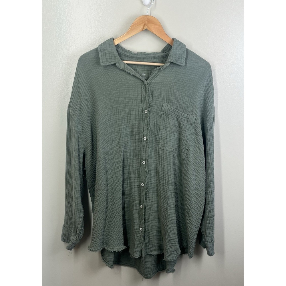 Aerie Womens Oversized Gauzy Shirt Size Lg Boho Relaxed Button Up Comfort
